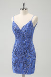 Sparkly Blue Spaghetti Straps Tight Sequin Short Homecoming Dress