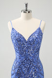 Sparkly Blue Spaghetti Straps Tight Sequin Short Homecoming Dress