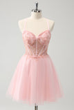 Pink Tulle A Line Corset Short Homecoming Dress with Beading