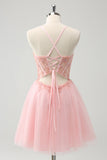 Pink Tulle A Line Corset Short Homecoming Dress with Beading