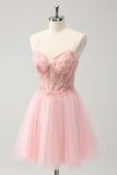 Pink Tulle A Line Corset Short Homecoming Dress with Beading