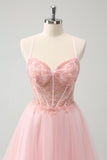 Pink Tulle A Line Corset Short Homecoming Dress with Beading