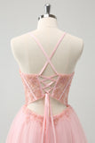 Pink Tulle A Line Corset Short Homecoming Dress with Beading