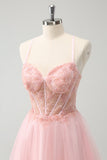 Pink Tulle A Line Corset Short Homecoming Dress with Beading