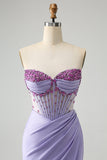 Light Purple Mermaid Strapless Ruched Beaded Corset Prom Dress with Slit