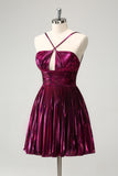 Purple A Line Pleated Hollow Out Short Metallic Homecoming Dress