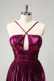 Purple A Line Pleated Hollow Out Short Metallic Homecoming Dress