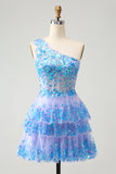 Glitter Light Blue A Line One Shoulder Corset Tiered Short Homecoming Dress