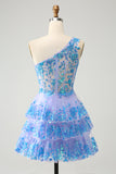 Glitter Light Blue A Line One Shoulder Corset Tiered Short Homecoming Dress