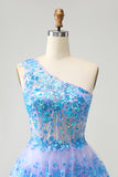 Glitter Light Blue A Line One Shoulder Corset Tiered Short Homecoming Dress