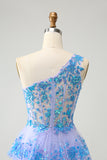 Glitter Light Blue A Line One Shoulder Corset Tiered Short Homecoming Dress