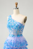 Glitter Light Blue A Line One Shoulder Corset Tiered Short Homecoming Dress