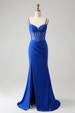 Sparkly Royal Blue Mermaid Beaded Pleated Corset Long Prom Dress with Slit