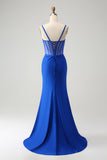 Sparkly Royal Blue Mermaid Beaded Pleated Corset Long Prom Dress with Slit