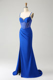 Sparkly Royal Blue Mermaid Beaded Pleated Corset Long Prom Dress with Slit