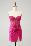 Glitter Hot Pink Strapless Pleated Corset Tight Homecoming Dress with Beading