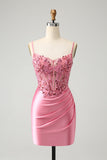 Sparkly Pink Glitter Spaghetti Straps Sequins Pleated Corset Homecoming Dress