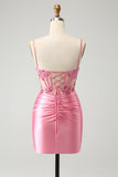 Sparkly Pink Glitter Spaghetti Straps Sequins Pleated Corset Homecoming Dress