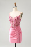 Sparkly Pink Glitter Spaghetti Straps Sequins Pleated Corset Homecoming Dress