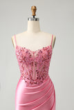 Sparkly Pink Glitter Spaghetti Straps Sequins Pleated Corset Homecoming Dress