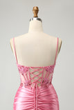 Sparkly Pink Glitter Spaghetti Straps Sequins Pleated Corset Homecoming Dress