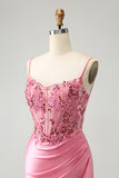 Sparkly Pink Glitter Spaghetti Straps Sequins Pleated Corset Homecoming Dress