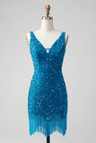Glitter Dark Blue Tight Spaghetti Straps Sequin Short Homecoming Dress with Tassels