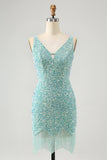 Sparkly Sage Bodycon Spaghetti Straps Sequin Short Homecoming Dress with Tassels