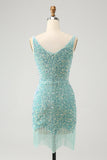 Sparkly Sage Bodycon Spaghetti Straps Sequin Short Homecoming Dress with Tassels