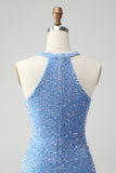 Sparkly Blue Bodycon Halter Sequin Short Homecoming Dress with Tassels