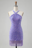 Sparkly Lilac Bodycon Halter Sequin Short Homecoming Dress with Tassels