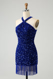 Sparkly Blue Bodycon Halter Sequin Short Homecoming Dress with Tassels