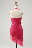 Sparkly Fuchsia Bodycon Halter Sequin Short Homecoming Dress with Tassels