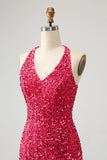 Sparkly Fuchsia Bodycon Halter Sequin Short Homecoming Dress with Tassels