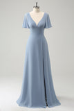 Grey Blue A Line Puff Chiffon Long Bridesmaid Dress with Hollow Out Back