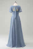 Grey Blue A Line Puff Chiffon Long Bridesmaid Dress with Hollow Out Back