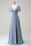 Grey Blue A Line Puff Chiffon Long Bridesmaid Dress with Hollow Out Back