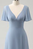 Grey Blue A Line Puff Chiffon Long Bridesmaid Dress with Hollow Out Back