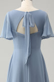 Grey Blue A Line Puff Chiffon Long Bridesmaid Dress with Hollow Out Back