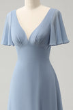 Grey Blue A Line Puff Chiffon Long Bridesmaid Dress with Hollow Out Back