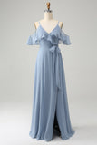 Grey Blue A Line Spaghetti Straps Chiffon Long Bridesmaid Dress with Slit