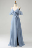 Grey Blue A Line Spaghetti Straps Chiffon Long Bridesmaid Dress with Slit