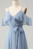 Grey Blue A Line Spaghetti Straps Chiffon Long Bridesmaid Dress with Slit