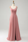 Brick Red A Line Spaghetti Straps Pleated Long Bridesmaid Dress with Slit