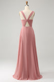 Brick Red A Line Spaghetti Straps Pleated Long Bridesmaid Dress with Slit