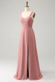 Brick Red A Line Spaghetti Straps Pleated Long Bridesmaid Dress with Slit