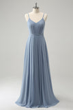 Grey Blue A Line Spaghetti Straps Pleated Long Bridesmaid Dress