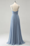 Grey Blue A Line Spaghetti Straps Pleated Long Bridesmaid Dress