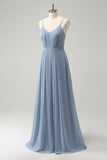 Grey Blue A Line Spaghetti Straps Pleated Long Bridesmaid Dress