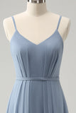 Grey Blue A Line Spaghetti Straps Pleated Long Bridesmaid Dress